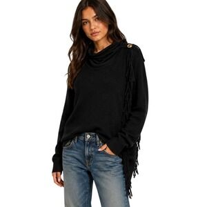 Duffield Lane Sweater Womens Medium Black Cowl Neck Fringe‎ Cashmere Blend